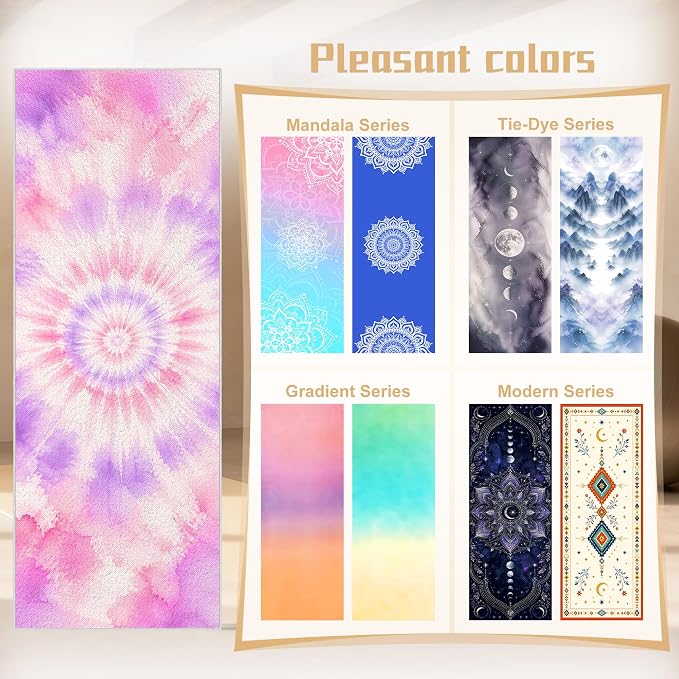 Yoga Mat Towel Non Slip Ultra-Absorbent Hot Yoga Towel, Super Stylish Printed Sweat Hot Yoga Towel, Ideal for Home, Workouts, Pilates, Yoga, 72 x 27in, Purple & Pink Tie Dye