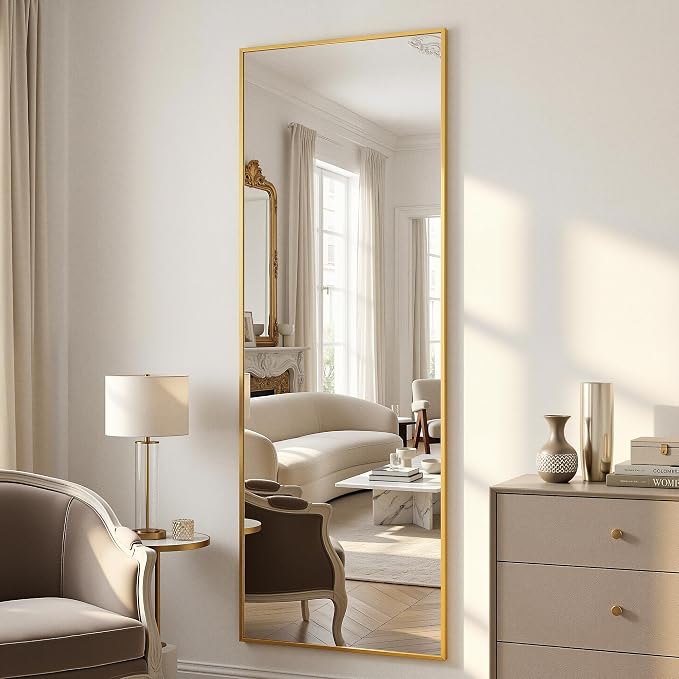 Antok Full Length Mirror, 58"x19" Floor Mirror with Stand, Hanging Mounted Mirrors for Bedroom, Living Room, Cloakroom, Dining Room, Gold, Rect