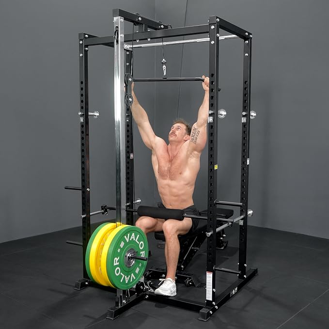 Valor Fitness Power Rack - Squat Rack and Bench Press Power Cage with LAT Pulldown Attachment 2" x 2" Frame - Workout Rack Bundle Options for Complete Weightlifting Home Gym
