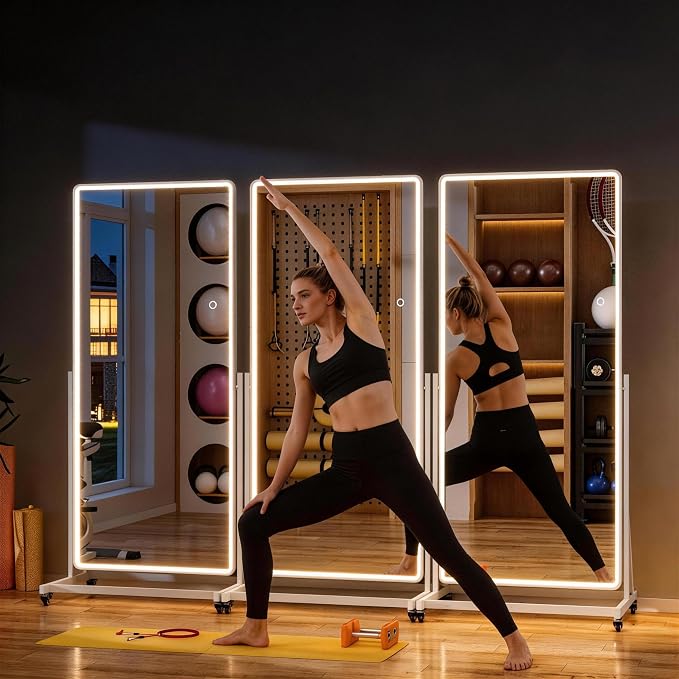 Full-body Rolling Mirror with LED Lights and Wheels, 65" x 24" Home Gym Mirrors with 360° Rotation, Dimmable & 3 Color Lighting Cloakroom, Tempered Glass & Metal Frame, Use for Bedroom, Dance Studio