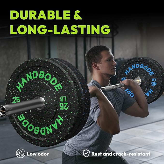 HANDBODE 2-Inch Weight Plates High Bounce, Olympic Bumper Plate Set 45/100/160/190/260/300lb, Colored Weight Plates Set for Home Gym, Barbell Weights Rubber Strength Training Plate for Weight Lifting