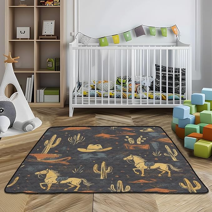 Baby Play Mat Western Cowboy Horse Cactus 50" X 50" Play Gym Crawling Mat Soft Non-Slip Portable Picnic Floor Mat for Infant, Babies, Toddler, Kids