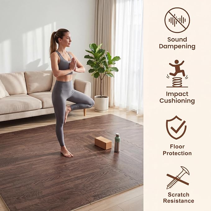 Giantex 25 Pcs Faux Wood Grain EVA Foam Tiles, 24"x24" Interlocking Floor | 100 Sq. Ft Puzzle Exercise Mats with 50 Borders, 0.4" Thick Waterproof Anti-Slip Flooring for Home Gym, Basement, Dark Walnut