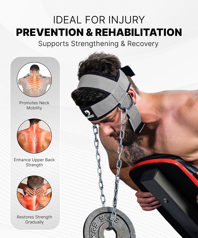 DMoose Fitness Neck Harness for Weight Lifting - Soft Padded Head & Chin Strap with 30" Heavy Duty Steel Chain - Neck Exerciser, Trainer & Strengthener to Support Injury Recovery and Intense Workouts