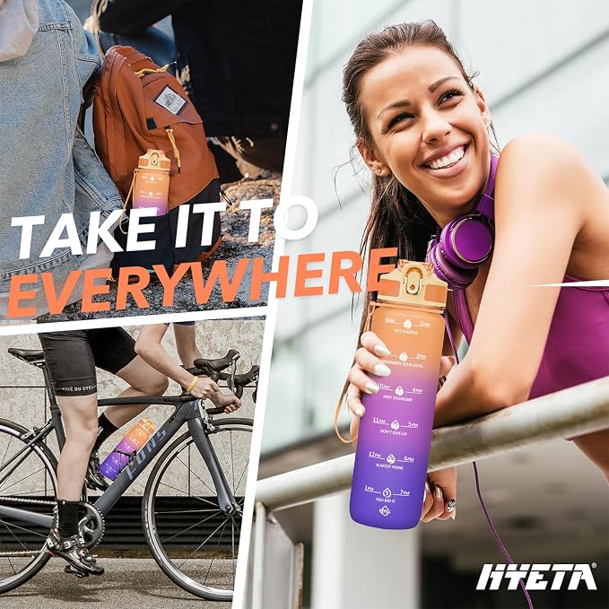 Hyeta Plastic Water Bottle With Straw & Time Marker, 32oz Leakproof Jug | Motivational Tritan BPA Free Gym Office Outdoor Intake Tracker Hourly Reminder Straw Lid Lightweight