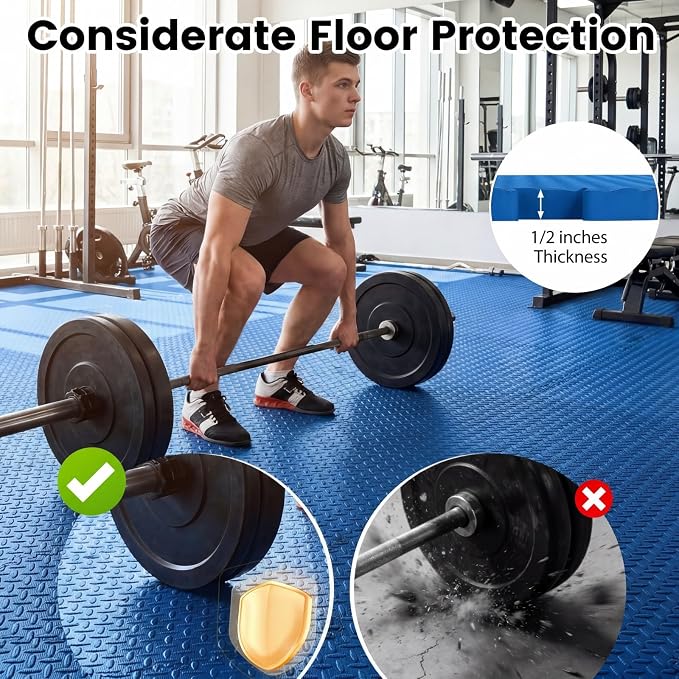 Tangkula 36 Tiles Exercise Flooring Mats with Border, Non-Slip EVA Foam Protective Mats, Elastic Puzzle Play Mats, 1/2" Interlocking Floor Mats for Home Gym, Fitness Room (Blue)