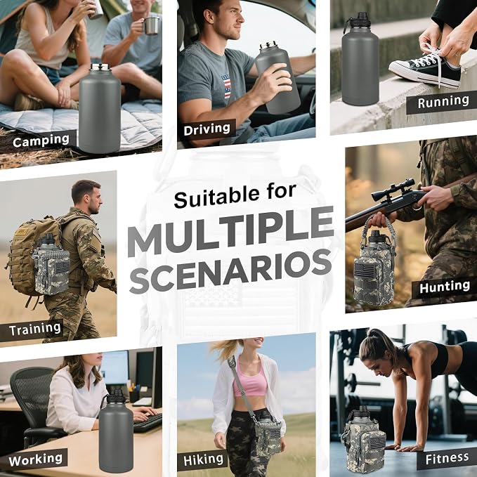 DEFUNX Half Gallon Water Bottle Insulated with Sleeve - Tactical 64 oz Stainless Steel Water Jug with MOLLE Water Bottle Pouch, Gym Water Bottles for Men Hiking Workout (ACU Camo)