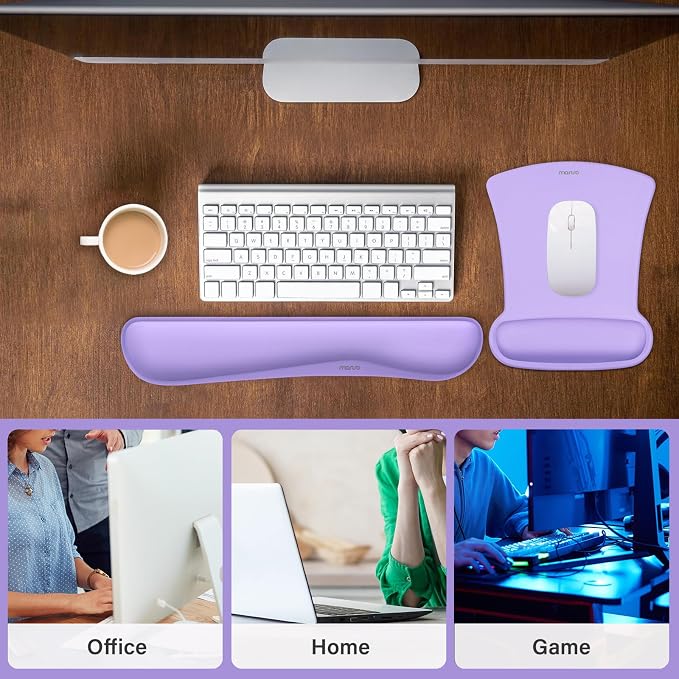 MOSISO Wrist Rest Support for Mouse Pad & Keyboard Set, Ergonomic Mousepad Non-Slip Base Home/Office Pain Relief & Easy Typing Cushion with Neoprene Cloth & Raised Memory Foam, Light Purple