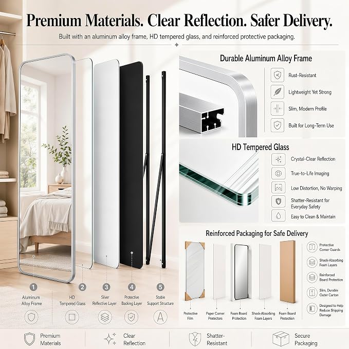 SCWF-GZ 57x20 Full Length Mirror Over The Door Hanging, Floor Stand/Wall Mounted Aluminum Alloy Frame Dressing Mirror for Bedroom Living Room 57 inch Silver