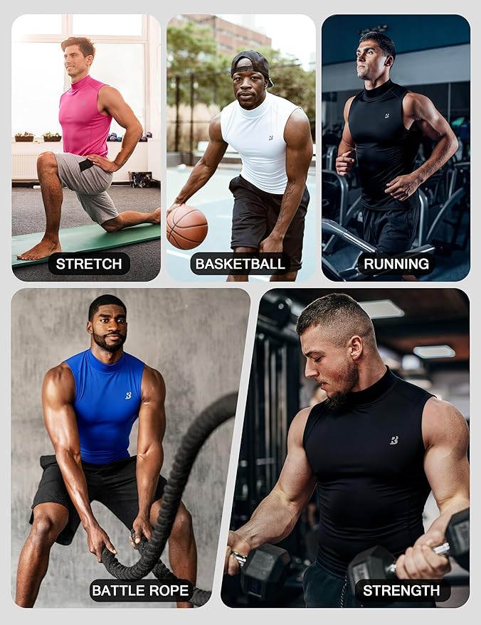 Roadbox Men's Compression Tank Top, Mock Turtleneck Sleeveless Shirt, Fitted Athletic Base Layer for Gym Workout