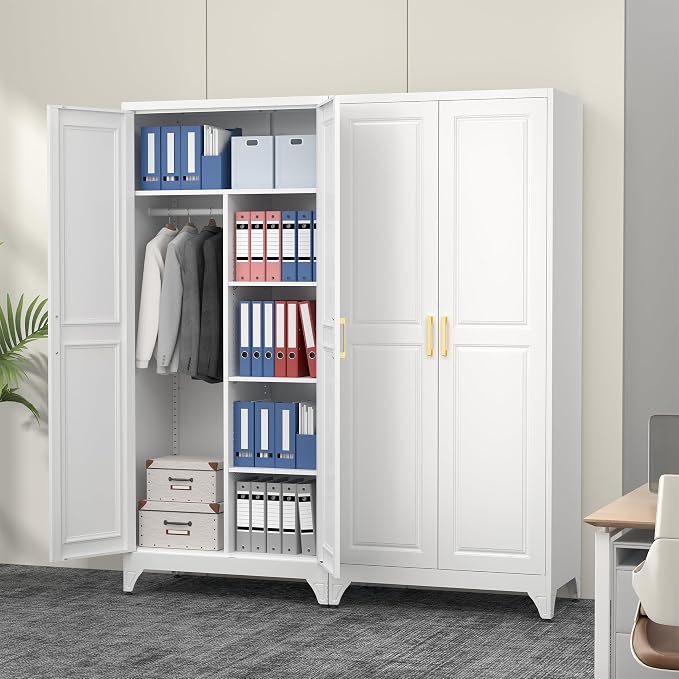 Polup Metal Armoire Wardrobe Closet, 71" Tall Wardrobe Cabinet with 2 Doors | Heavy Duty Steel Clothing Storage Cabinet with Hanging Rod & 3 Adjustable Shelves for Bedroom, Office, Broom Closet, White