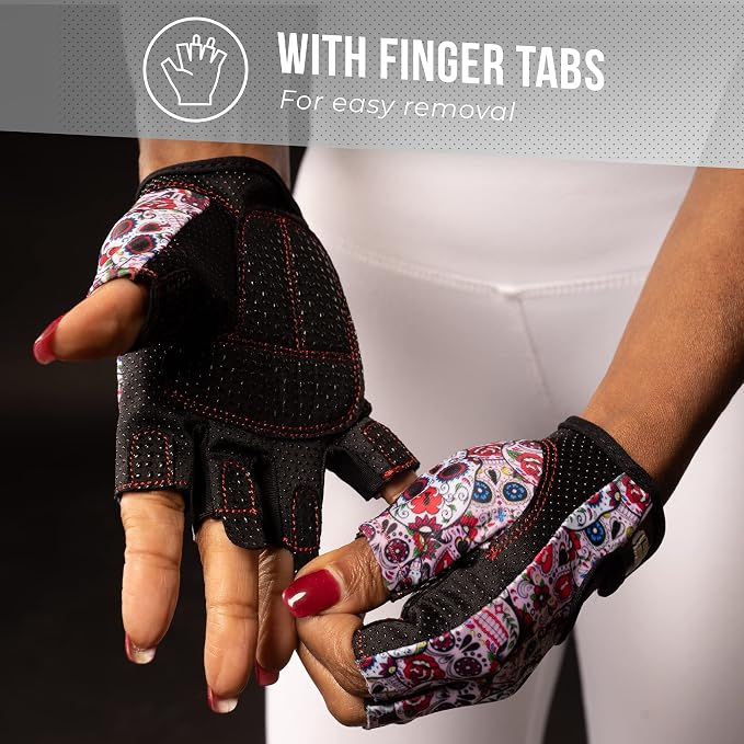 Contraband Pink Label 5237 Womens Designer Workout Gloves | Sugar Skull Print w/Grip-Lock™ Padding (White, Medium)