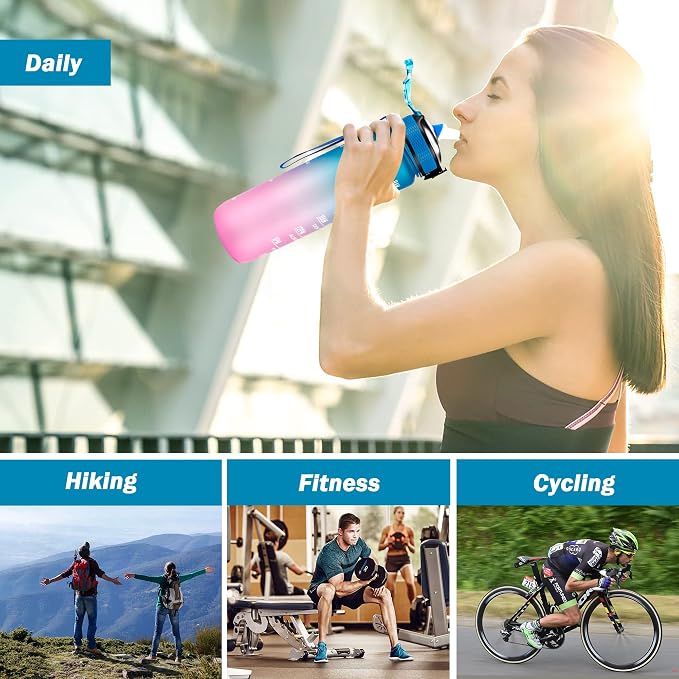 YC Kitchen Motivational Water Bottle with Time Marker - 32oz, Leak-proof BPA Free Sports Water Bottles with Straw & Carrying Strap