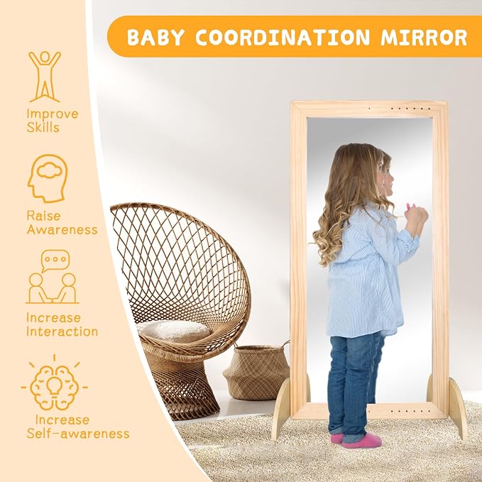 Montessori Mirror with Bar, Adjustable Wood Baby Pull Up Bar, Floor & Wall Shatterproof Safety Infant Coordination Montessori Furniture, for Home, Daycare, or Preschool