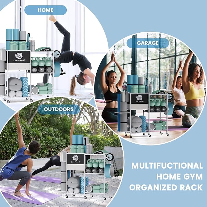 Yoga Mat Storage Rack,Home Gym Storage Rack Gym Workout Equipment Storage Organizer Fitness Weight Rack on Wheels for Yoga Mat,Yoga Block,Foam Roller,Resistance Band,Dumbbell,Kettlebell and Other Workout Accessories