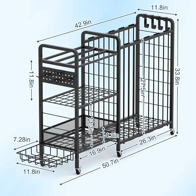 Sports Equipment Garage Organizer,Garage Ball Storage Rack for Sports with Wheels-Upgraded 3 Layers Organizer Rack Outdoor Basketball Racks for Balls with Holder and Hooks (Deep Black)