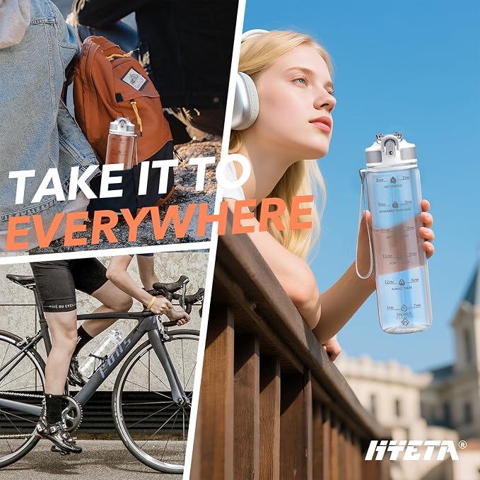 Hyeta Clear Plastic Water Bottle With Straw & Time Marker, 32oz Leakproof | Motivational Clear Tritan BPA Free Gym Office Outdoor Intake Tracker Hourly Reminder Straw Lid Lightweight