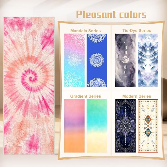Yoga Mat Towel Non Slip Ultra-Absorbent Hot Yoga Towel, Super Stylish Printed Sweat Hot Yoga Towel, Ideal for Home, Workouts, Pilates, Yoga, 72 x 27in, Orange & Pink Tie Dye