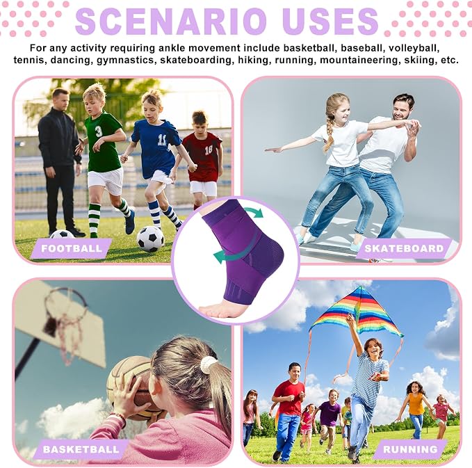 Tarpop 1 Pair Ankle Brace for Kids Compression Ankle Sleeves Adjustable Foot Support Brace Elastic Guard for Children Boys Girls Sports Running Jogging Dance Fitness Gymnastics(Dark Purple,Small)