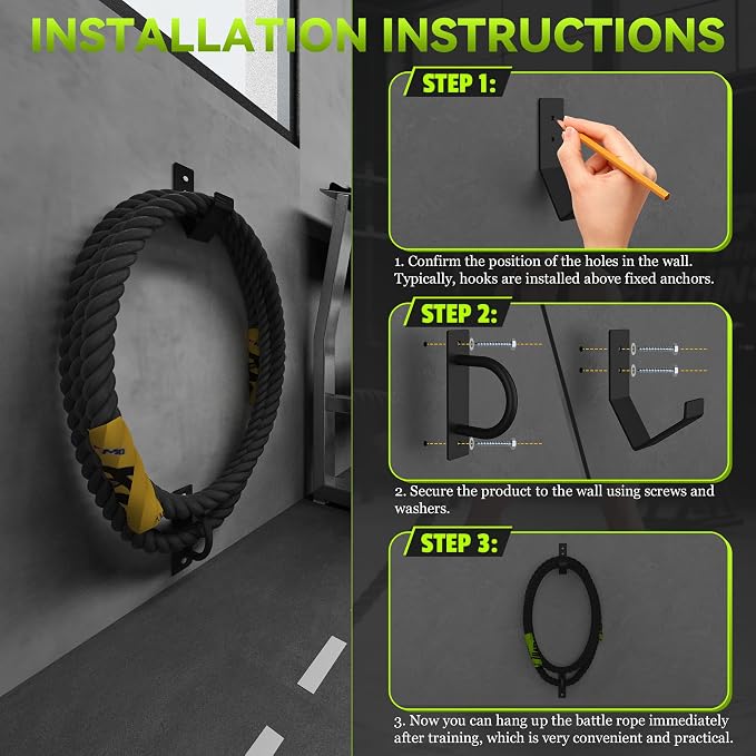 Heavy Duty Battle Rope Wall Anchor with Storage Hook – Includes Screws & Washers for Secure Mounting | Durable Steel Battle Rope Holder for Home and Gym Use