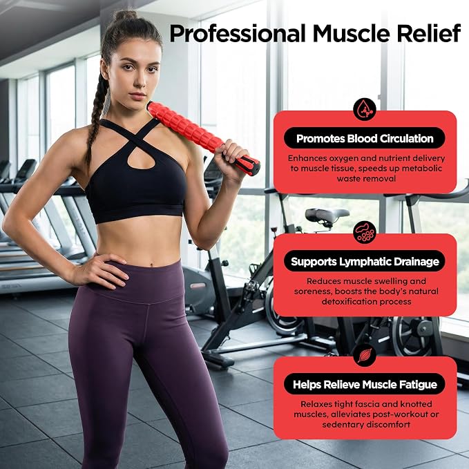 Muscle Roller & Massage Roller Stick for Athletes - Lymphatic Drainage Support, Relieves Muscle Soreness, Cramping & Tightness - Targets Legs, Arms, Back & Calves (Red Wheel)