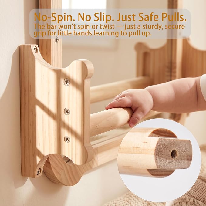 Montessori Baby Mirror with Pull Up Bar, Shatterproof Toddler Pull to Stand | CPC safe natural wood wall mount toy for nursery daycare classroom, ideal infant developmental gift 6-18 months.