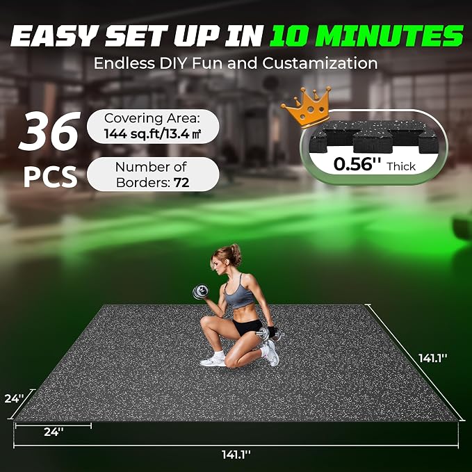 PRAISUN 0.56" Rubber Top Gym Flooring, Heavy Duty Interlocking Gym Mats for Home Gym, Non-Slip Workout Mat, 24 x 24in Large Gym Floor Mat, Protect Floors from Equipment, 144 Sq Ft, Black/Grey