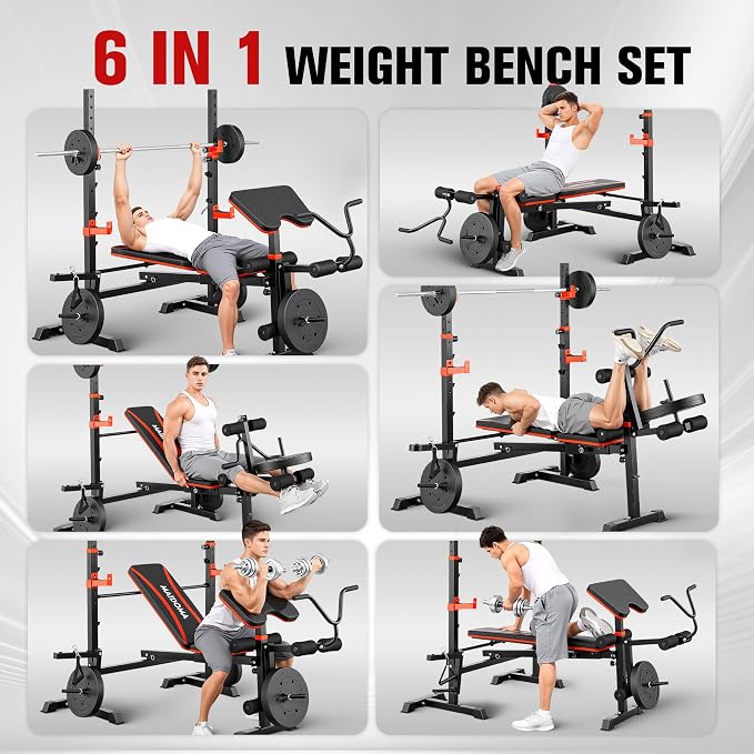 MAIDOMA 8 IN 1 Standard Weight Bench Set with Leg Extension and Leg Curl, Fast Folding & Adjustable Workout Bench for Home Gym,Adjustable Bench Press with Squat Rack.(US Stock)