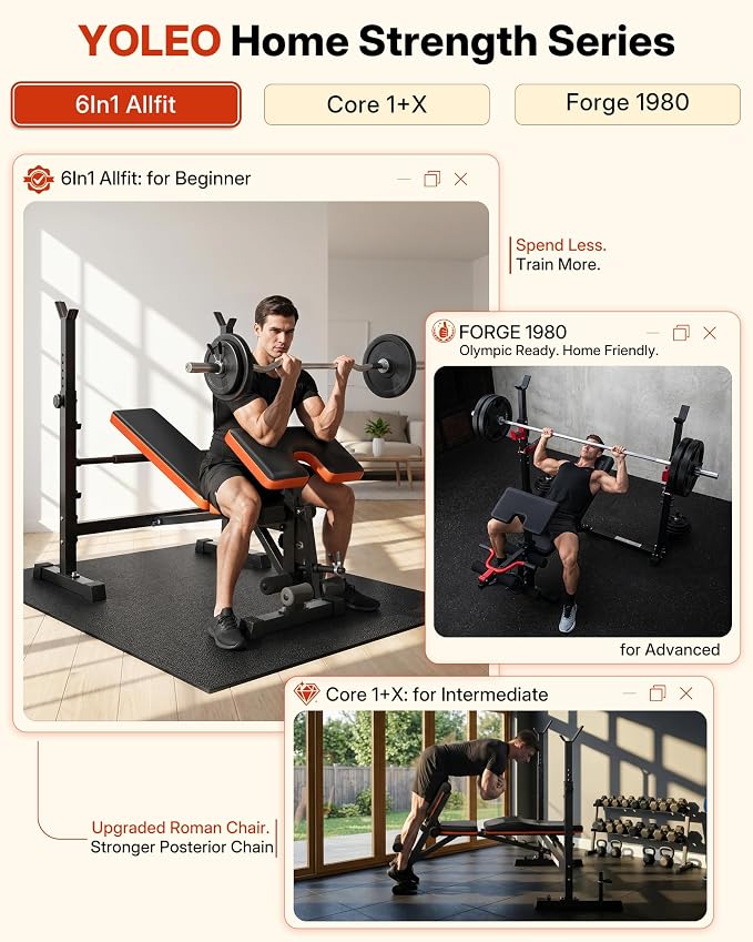 YOLEO Foldable Weight Bench for Small Home Gym, 6-in-1 Adjustable Workout Bench with Squat Rack, Compact Strength Training Equipment for Apartment & Garage Workouts