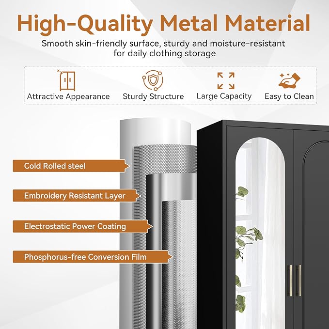 Polup Metal Armoire Wardrobe Closet with Mirror, Clothing Storage Cabinet | 71" Heavy Duty Steel Wardrobe Cabinet with Hanging Rod & Adjustable Shelves for Bedroom, Office, Clothes Organizer, Black