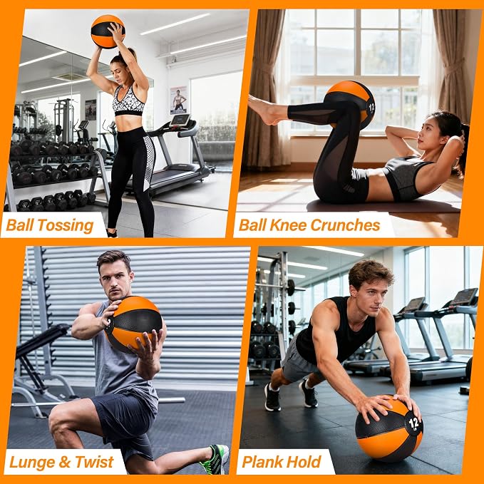 12lb Slam Medicine Ball Weighted Fitness Workout Ball with Rubber Shell Textured Grip for Core Strength, Exercise, Cardio, Balance and Flexibility Improves