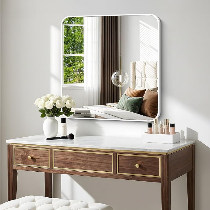 BONEWEI White Bathroom Mirror,24x24 inch Wall Mirror for Bathroom Wall Mounted,Rectangle Mirror for Bathroom Over Sink,Modern Frame Round Corner for Living Room,Bedroom Entryway,Horizontal/Vertical