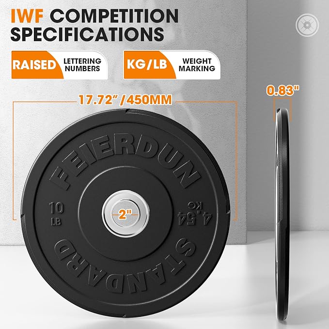 FEIERDUN Color Bumper Plate Set, 2-Inch Olympic Weight Plates, Low Bounce Rubber Barbell Plates with Stainless Steel Insert for Weightlifting, Strength Training, CrossFit & Home Gym, 10LB-370LB