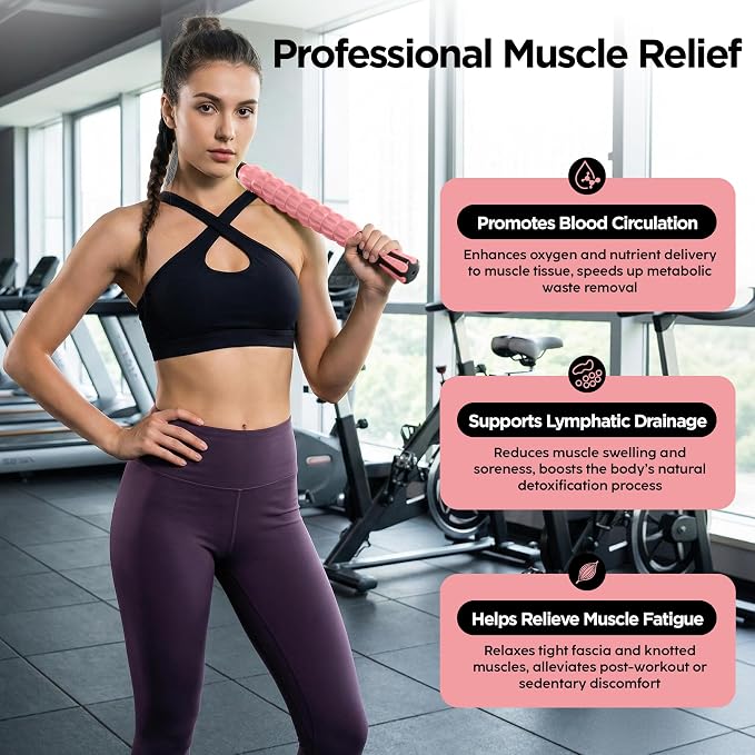 Muscle Roller & Massage Roller Stick for Athletes - Lymphatic Drainage Support, Relieves Muscle Soreness, Cramping & Tightness - Targets Legs, Arms, Back & Calves (Pink )