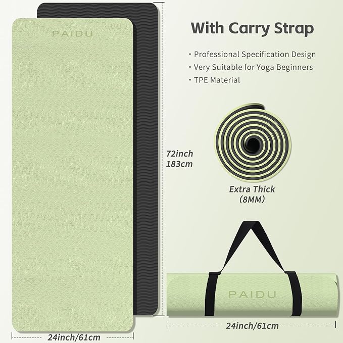 PAIDU Yoga Mat 8mm TPE Non‑Slip Fitness Mat with Strap for Home Workouts | SGS Certified, Odorless, Tear‑Resistant, Unisex, for Yoga, Pilates, Meditation, Home & Gym Workouts