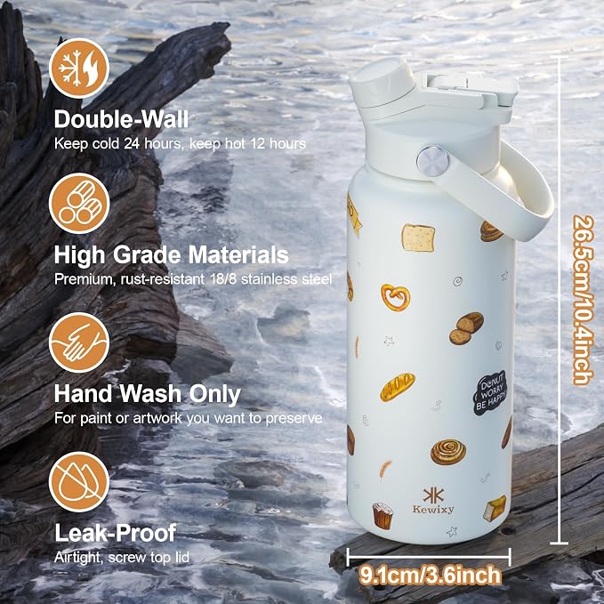 KEWIXY 32 oz Insulated Water Bottle, 2-in-1 Lid, Straw & Spout with Protected, Leak Proof, Keep Cold, Stainless Steel, Metal, Reusable, Handle, for Travel, Gym and School, Bake Beige
