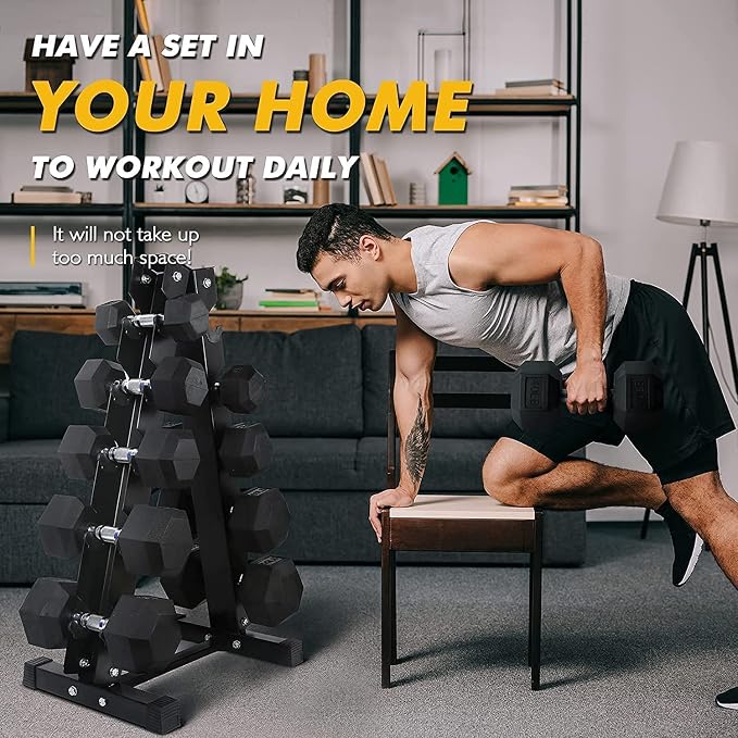 RitFit Rubber Hex Dumbbell Set with Storage Weight Rack | Rubber Heavy-Duty Coated Cast Iron, Knurled Chrome Handle, Space-Saving Storage for Home Gym Strength Training