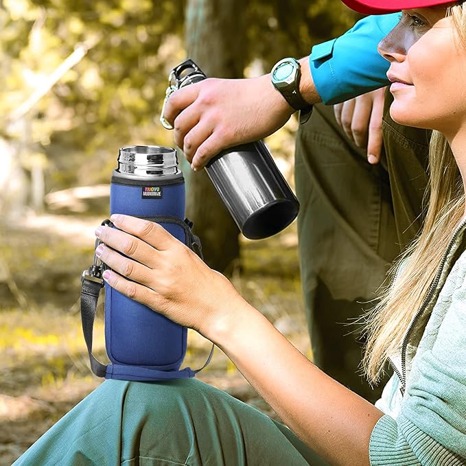 Nuovoware Water Bottle Carrier Bag, 25oz/32oz, Navy blue | Adjustable Shoulder Hand Strap, 2 Pocket, Neoprene Sleeve, For Hiking Travelling Camping