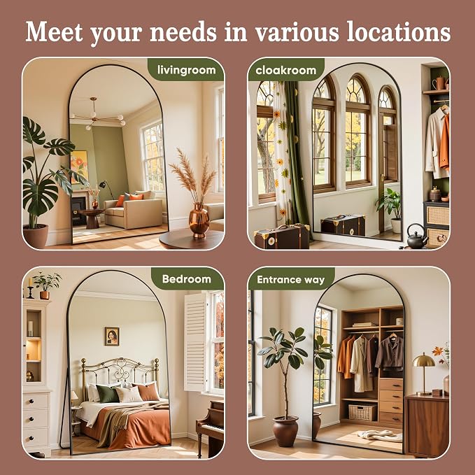 Full Length Mirror, 78"x38" Arched Full Body Mirror, Floor Mirrors with Stand, Body Mirrors Standing Hanging Leaning Against Wall,Aluminum Frame Mirrors for Bedroom Cloakroom,Living Room,Black