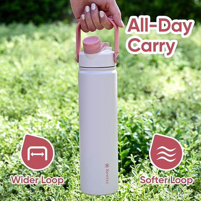 KEWIXY 24 oz Insulated Water Bottle, 2-in-1 Lid, Straw & Spout with Protected, Leak Proof, Keep Cold, Stainless Steel, Metal, Reusable, Handle, for Travel, Gym and School, 2 Lids, Blush Pink