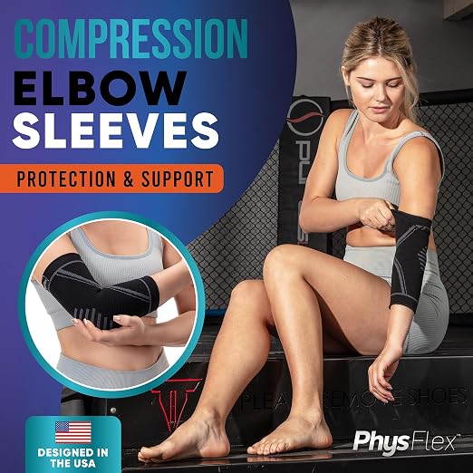 PhysFlex Elbow Brace 2 Pack for Tennis & Golfer's Elbow Pain Relief - Elbow Compression Sleeve for Weightlifting, Workout, Fitness, Arthritis, Bursitis - Tendonitis Elbow Brace for Men & Women