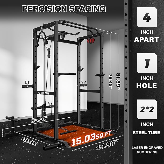 JELENS S21 Power Cage, Multi-Function Power Rack with Adjustable Cable Crossover System, 2000LBS Squat Rack for Home Gym with More Training Attachments