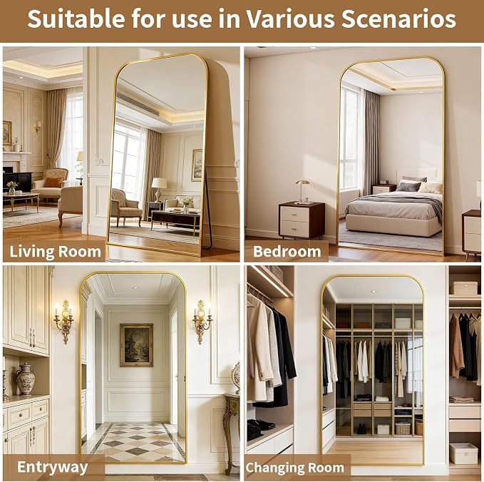 Oversized Full Length Mirror 81"x41" Arched Floor Standing Mirror | Large Full Body Mirrors with Stand - with Aluminum Frame for Bedroom Living Room, Gold