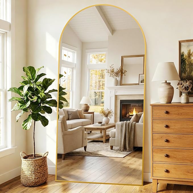 77"x38" Arched Full Length Mirror with Stand, Free Standing Leaning Wall Mounted Aluminum Alloy Frame Mirror for Bedroom Living Room Cloakroom, Gold
