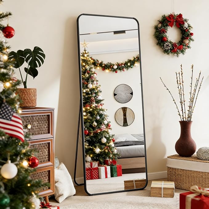 BEAUTYPEAK Black Full Length Mirror, 56"x21" Rounded Corner Floor Mirror Standing Hanging or Leaning Against Wall, Suitable for Bedroom or Dressing Room | Aluminum Alloy Frame with Standing, Leaning, or Wall-Mounted, Ideal for Bedroom, Dressing Room, E...