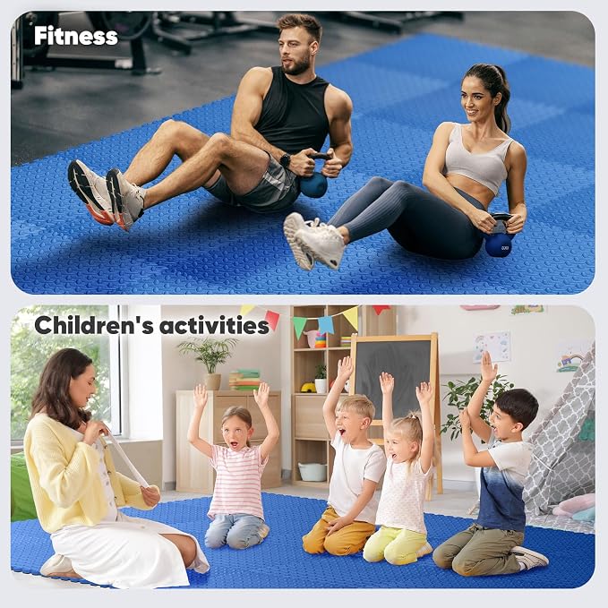 16 Pack 64 sqft Home Gym Mat, Puzzle Exercise Mat, of EVA Interlocking Foam Floor Tiles for Home Workout Equipment and Kids' Play Areas - Blue, 24 in x 24 in x ½ in - 16 Tiles (Blue, 16 Pack 64 sq ft)