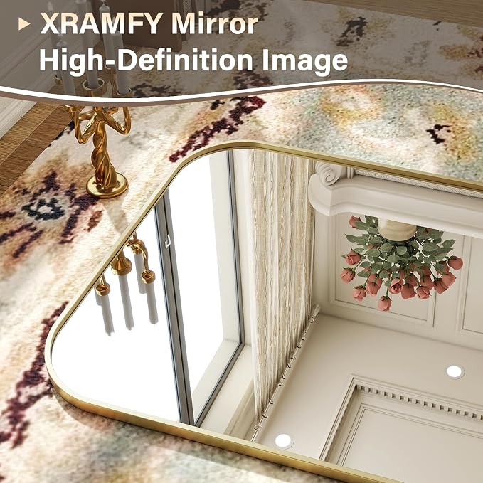 XRAMFY Full Length Mirror - Large Floor Standing & Wall Mountable Full Body Mirror with Sturdy Aluminum Frame, Arched Top Design, Freestanding or Hanging for Bedroom, Living Room, Cloakroom,Gold