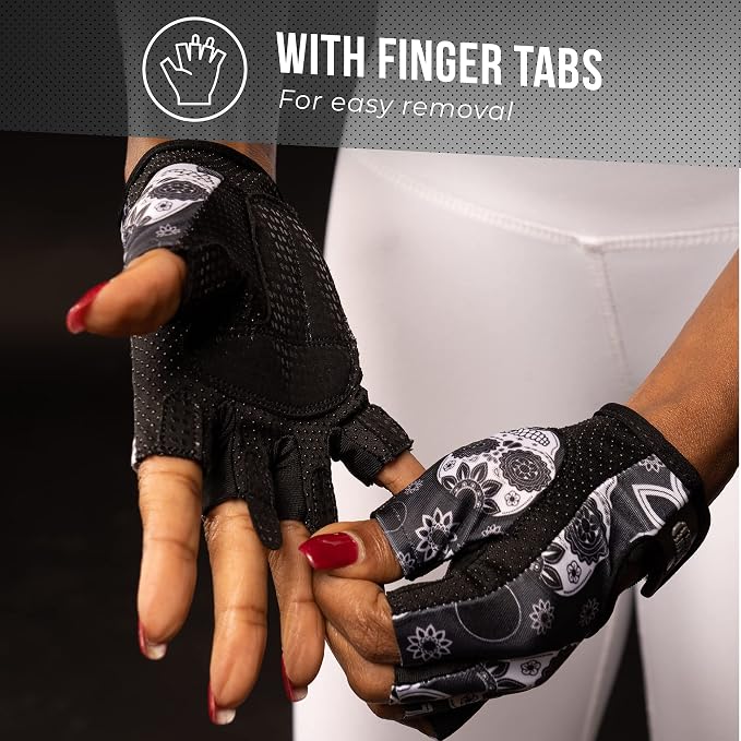 Contraband Pink Label 5237 Womens Designer Workout Gloves | Sugar Skull Print w/Grip-Lock™ Padding (Gray, Large)