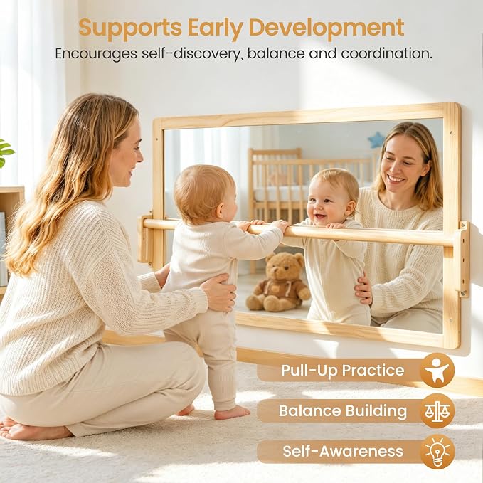 Montessori Mirror with Pull Up Bar, Large 38.2 x 23.6 in Natural Wood & Shatter-Resistant Acrylic Baby Mirror for Tummy Time, Horizontal/Vertical Floor Use, Wall Mounting and Pull-to-Stand