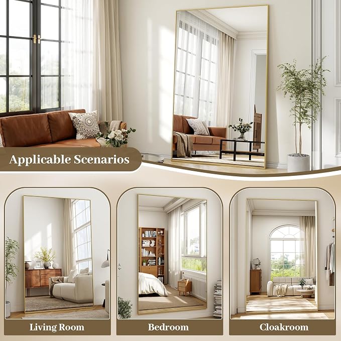 Easly Full Length Mirror with Stand 46"x76" Full Body Mirror Floor Mirror Standing Hanging or Leaning Wall, Wall Mirror with Stand Aluminum Alloy Frame for Living Room Bedroom Cloakroom,Gold